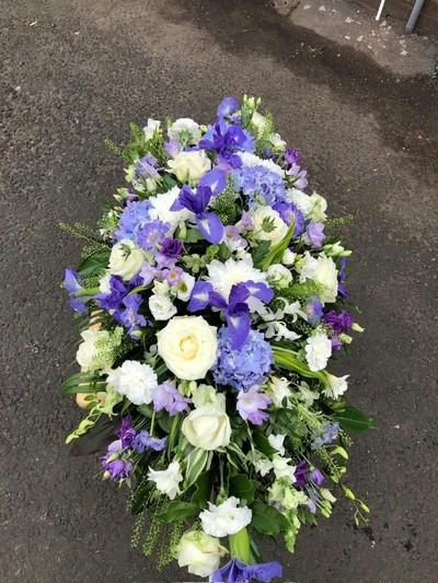 Seasonal Purple & White Coffin Spray