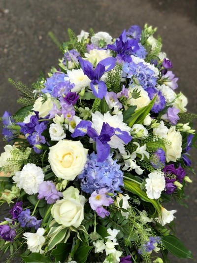 Seasonal Purple & White Coffin Spray